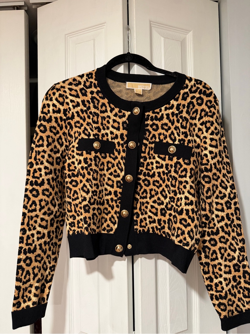Michael Kors Leopard-Print Button-Front Cardigan - Black & Tan